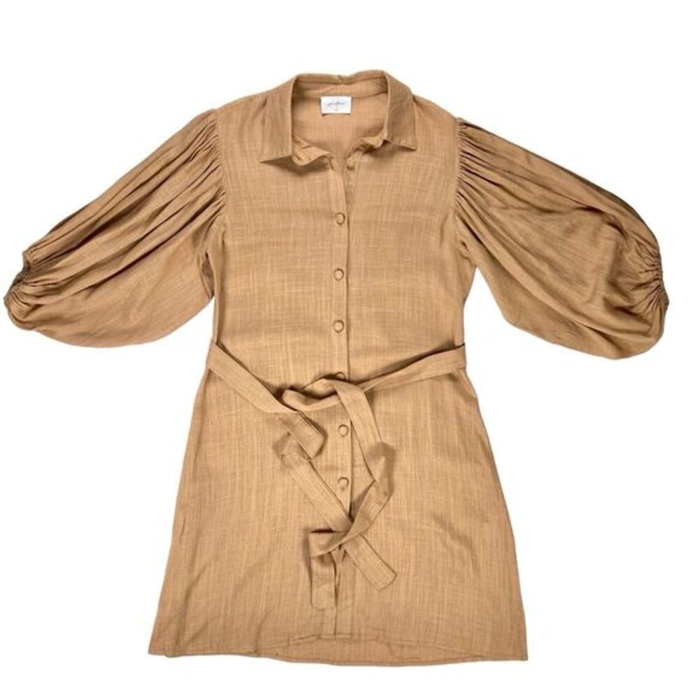 Girl and the Sun Puff Sleeve Linen Blend Mini Shirt Dress Womens M Tan Coastal